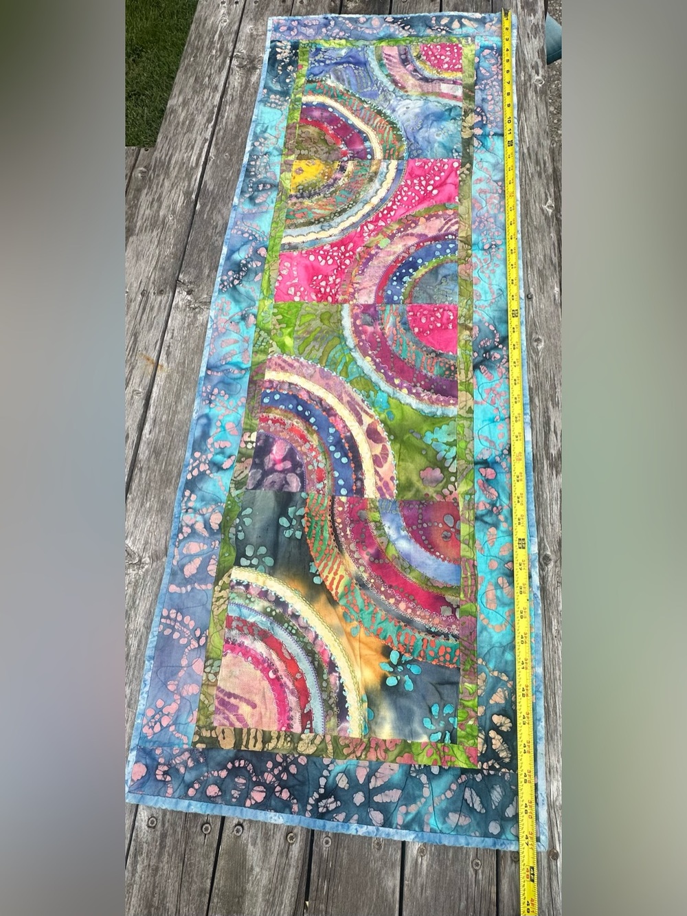 Handmade Batik Quilted Table Runner 47” Curved Piecing, Hand and Machine Quilted